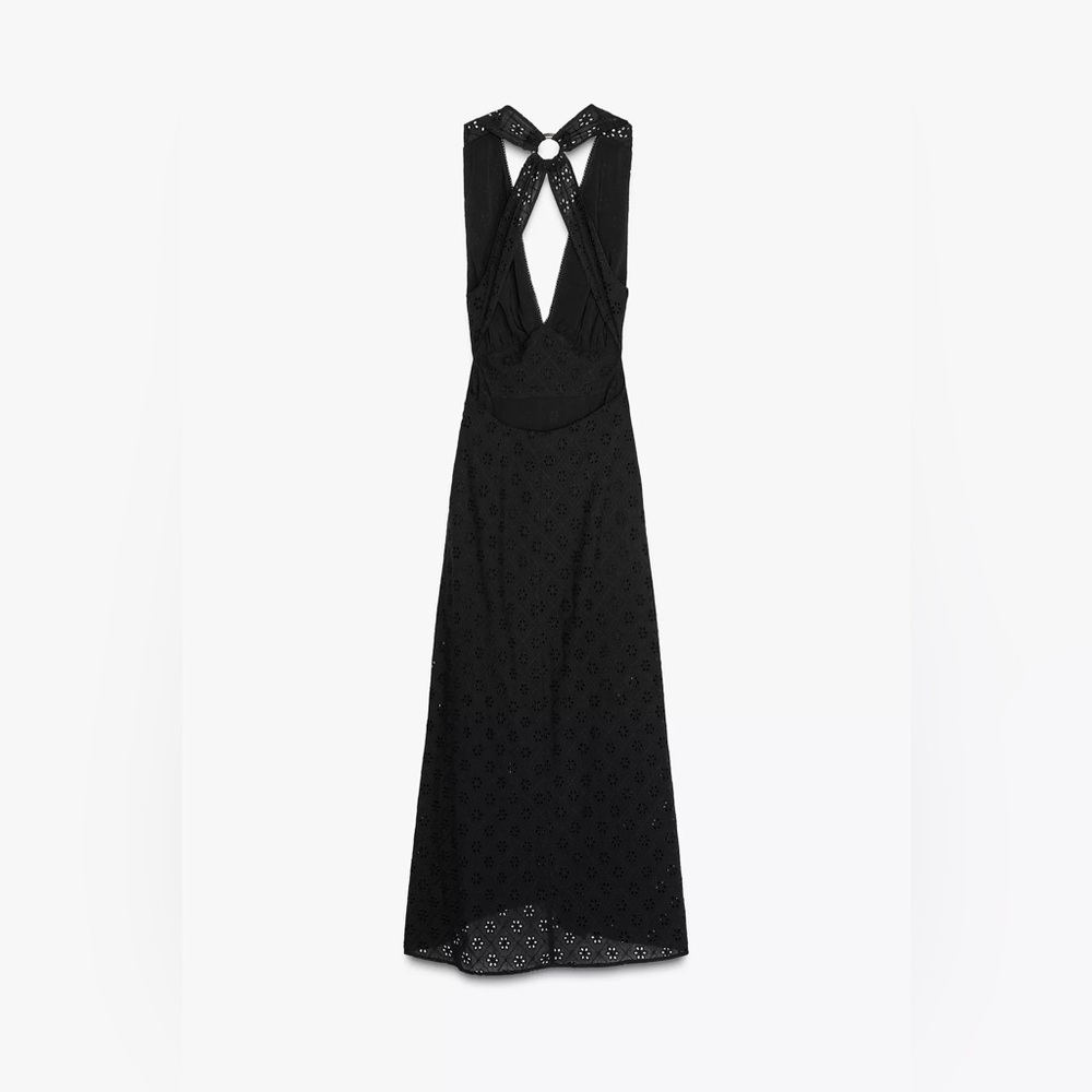 NWT Zara Black CUTWORK EMBROIDERY DRESS - Eyelet and Open Back, V Neck Sz Med - Picture 6 of 11